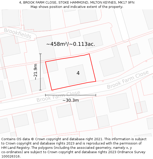 4, BROOK FARM CLOSE, STOKE HAMMOND, MILTON KEYNES, MK17 9FN: Plot and title map