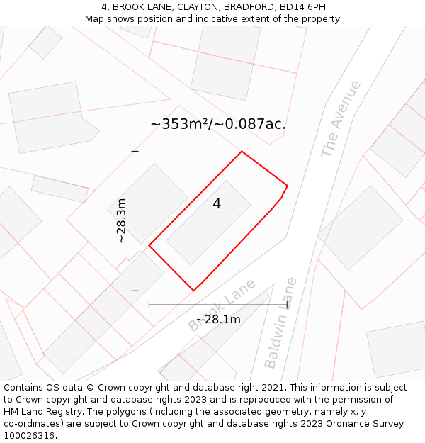 4, BROOK LANE, CLAYTON, BRADFORD, BD14 6PH: Plot and title map