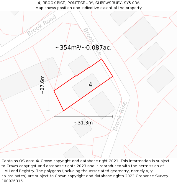 4, BROOK RISE, PONTESBURY, SHREWSBURY, SY5 0RA: Plot and title map