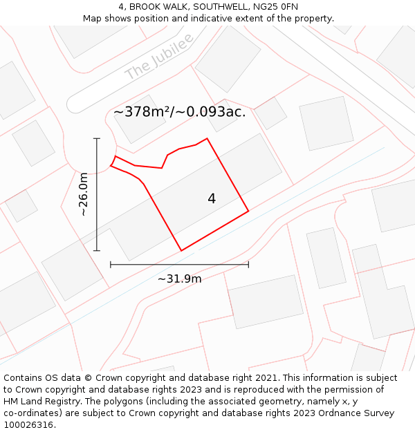 4, BROOK WALK, SOUTHWELL, NG25 0FN: Plot and title map