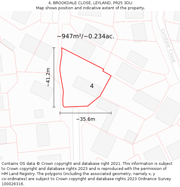 4, BROOKDALE CLOSE, LEYLAND, PR25 3DU: Plot and title map