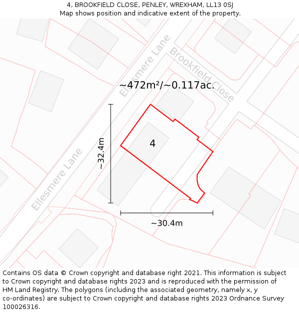 4, BROOKFIELD CLOSE, PENLEY, WREXHAM, LL13 0SJ: Plot and title map
