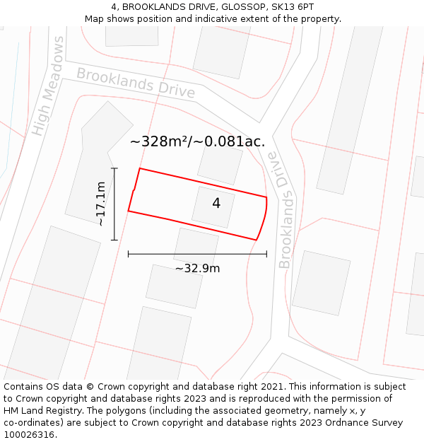 4, BROOKLANDS DRIVE, GLOSSOP, SK13 6PT: Plot and title map