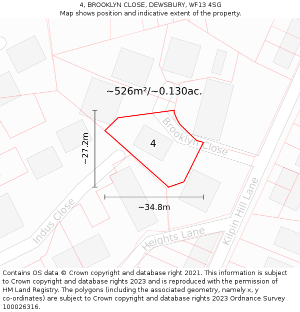 4, BROOKLYN CLOSE, DEWSBURY, WF13 4SG: Plot and title map