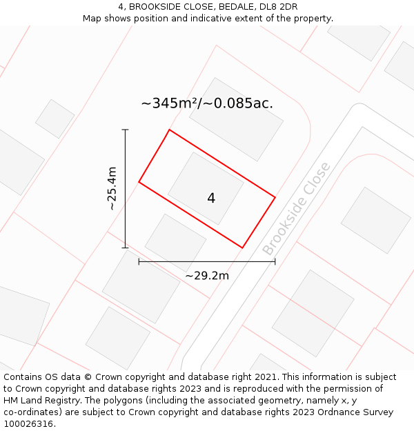 4, BROOKSIDE CLOSE, BEDALE, DL8 2DR: Plot and title map