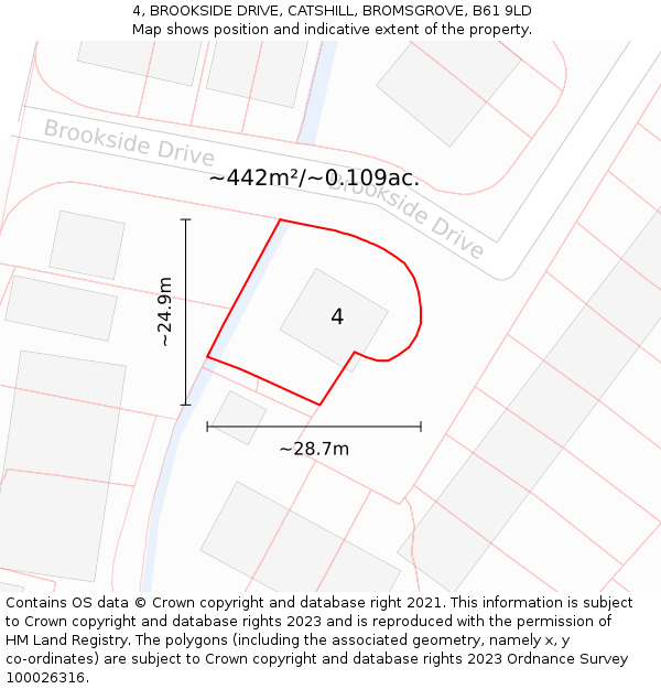 4, BROOKSIDE DRIVE, CATSHILL, BROMSGROVE, B61 9LD: Plot and title map