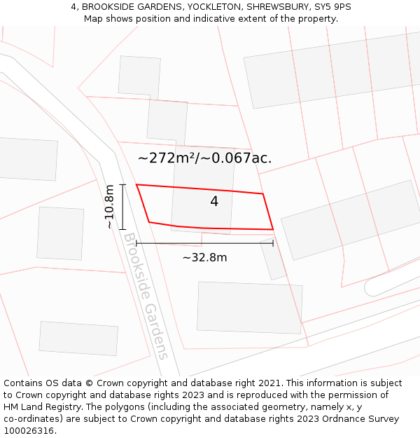 4, BROOKSIDE GARDENS, YOCKLETON, SHREWSBURY, SY5 9PS: Plot and title map