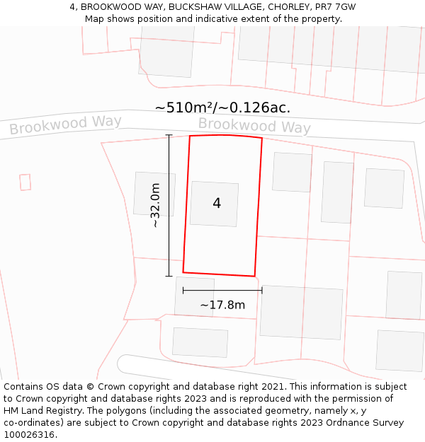 4, BROOKWOOD WAY, BUCKSHAW VILLAGE, CHORLEY, PR7 7GW: Plot and title map