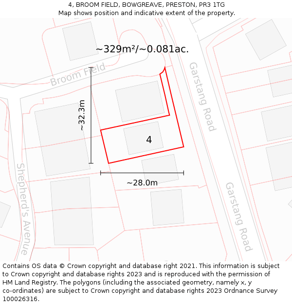 4, BROOM FIELD, BOWGREAVE, PRESTON, PR3 1TG: Plot and title map