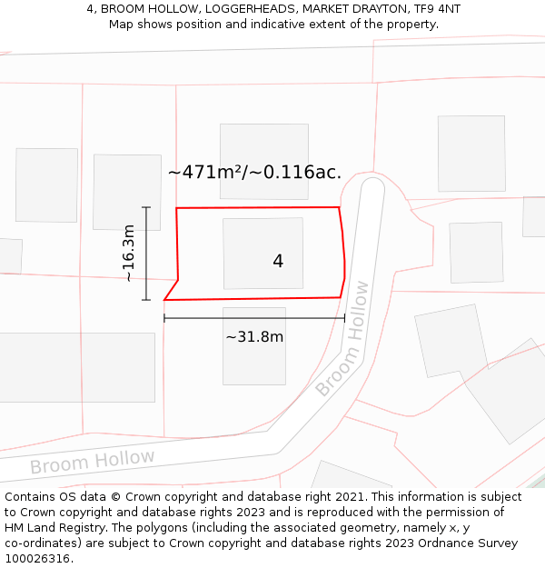 4, BROOM HOLLOW, LOGGERHEADS, MARKET DRAYTON, TF9 4NT: Plot and title map