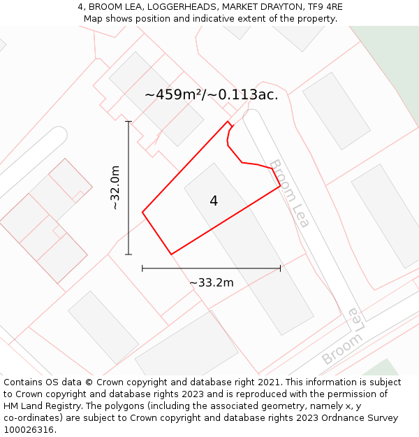 4, BROOM LEA, LOGGERHEADS, MARKET DRAYTON, TF9 4RE: Plot and title map