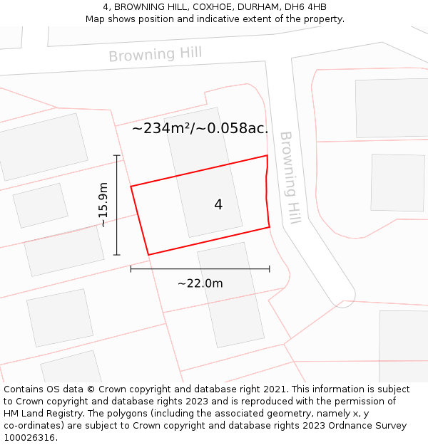 4, BROWNING HILL, COXHOE, DURHAM, DH6 4HB: Plot and title map