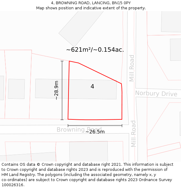 4, BROWNING ROAD, LANCING, BN15 0PY: Plot and title map