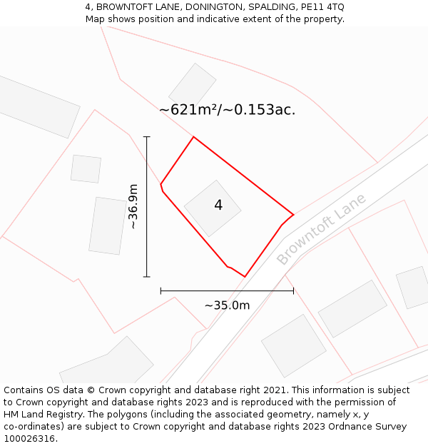 4, BROWNTOFT LANE, DONINGTON, SPALDING, PE11 4TQ: Plot and title map