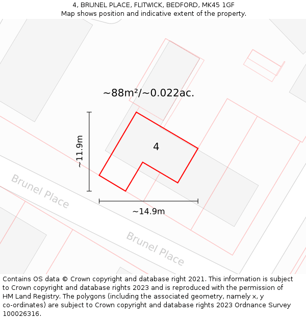 4, BRUNEL PLACE, FLITWICK, BEDFORD, MK45 1GF: Plot and title map