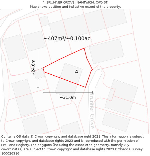 4, BRUNNER GROVE, NANTWICH, CW5 6TJ: Plot and title map