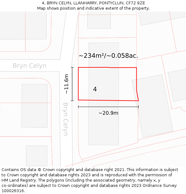 4, BRYN CELYN, LLANHARRY, PONTYCLUN, CF72 9ZE: Plot and title map