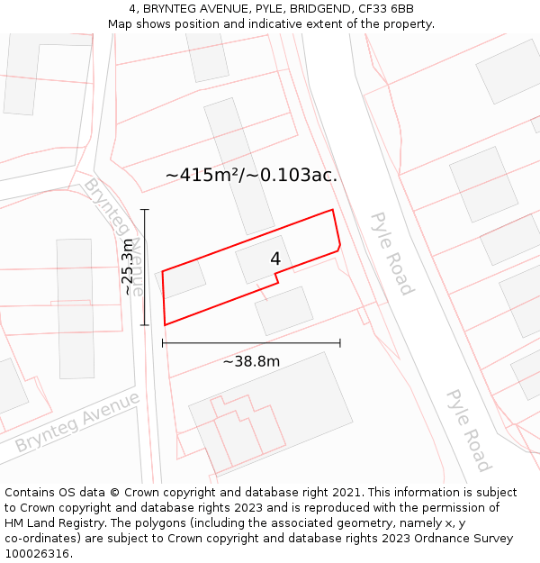 4, BRYNTEG AVENUE, PYLE, BRIDGEND, CF33 6BB: Plot and title map