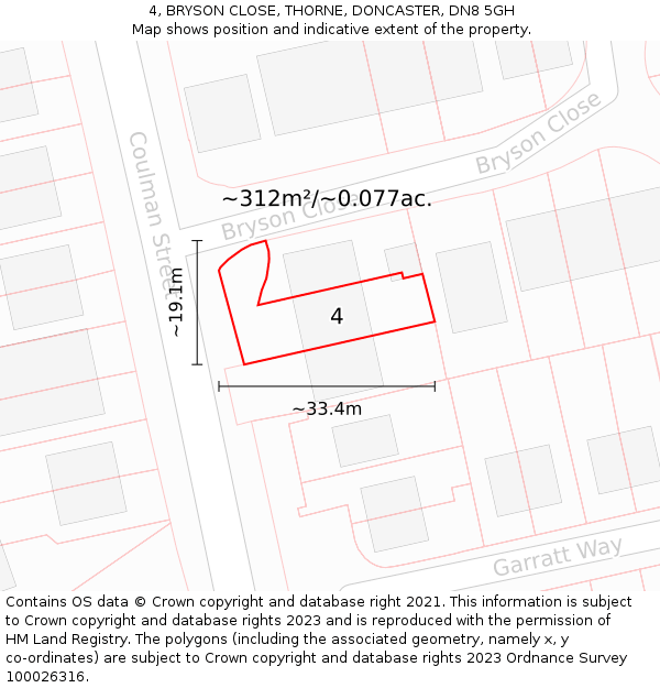 4, BRYSON CLOSE, THORNE, DONCASTER, DN8 5GH: Plot and title map