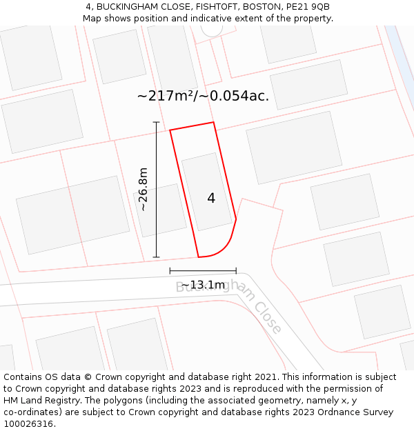 4, BUCKINGHAM CLOSE, FISHTOFT, BOSTON, PE21 9QB: Plot and title map