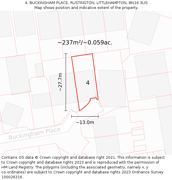 4, BUCKINGHAM PLACE, RUSTINGTON, LITTLEHAMPTON, BN16 3US: Plot and title map