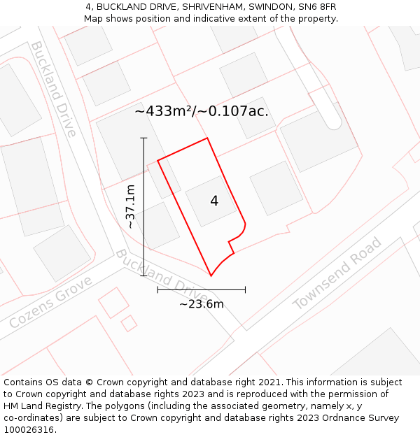 4, BUCKLAND DRIVE, SHRIVENHAM, SWINDON, SN6 8FR: Plot and title map