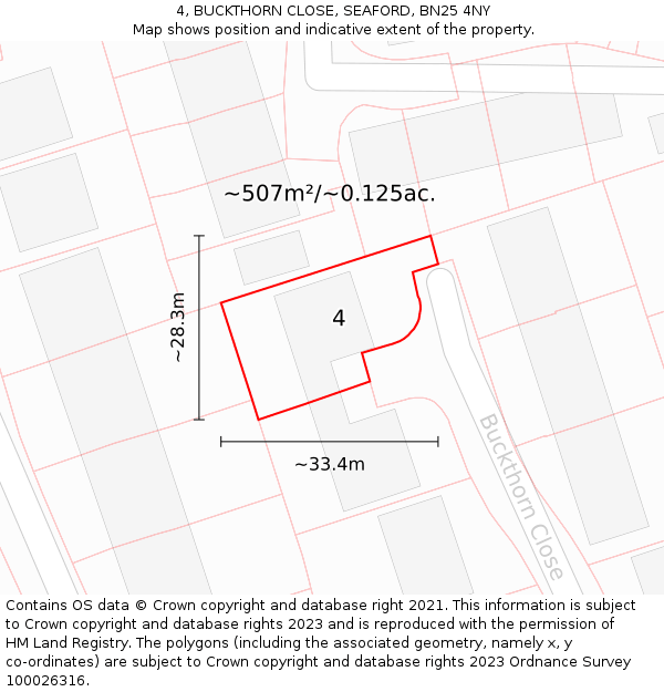 4, BUCKTHORN CLOSE, SEAFORD, BN25 4NY: Plot and title map
