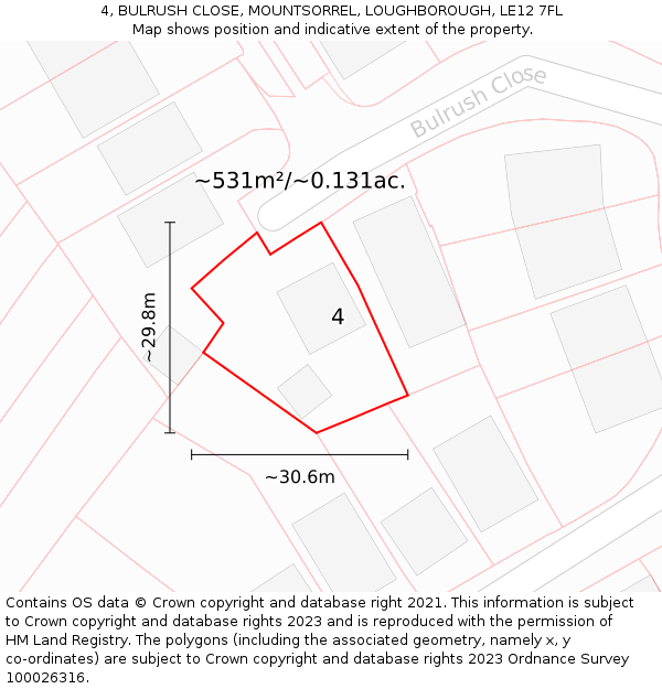 4, BULRUSH CLOSE, MOUNTSORREL, LOUGHBOROUGH, LE12 7FL: Plot and title map