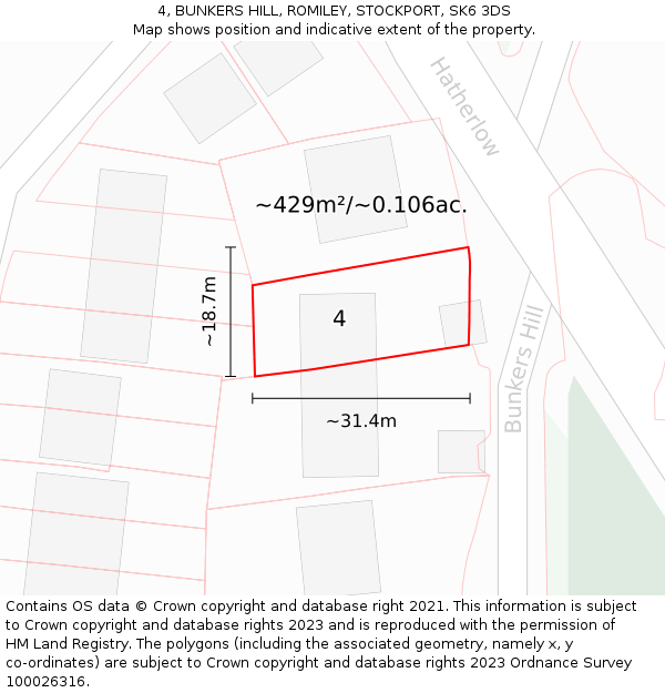 4, BUNKERS HILL, ROMILEY, STOCKPORT, SK6 3DS: Plot and title map