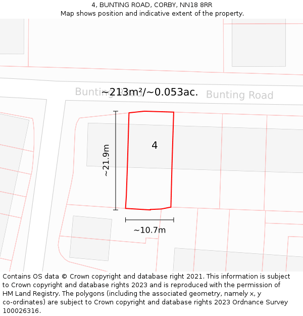 4, BUNTING ROAD, CORBY, NN18 8RR: Plot and title map