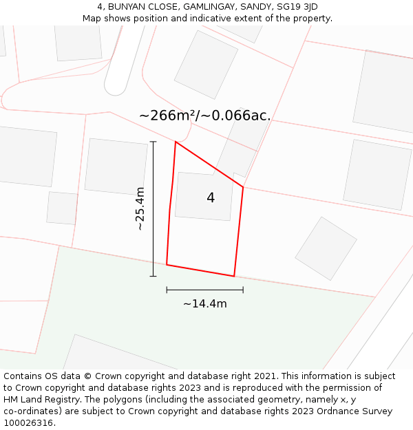 4, BUNYAN CLOSE, GAMLINGAY, SANDY, SG19 3JD: Plot and title map