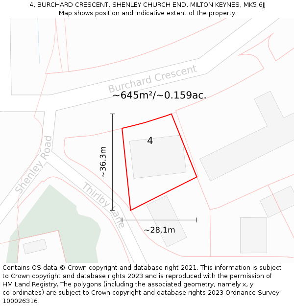 4, BURCHARD CRESCENT, SHENLEY CHURCH END, MILTON KEYNES, MK5 6JJ: Plot and title map