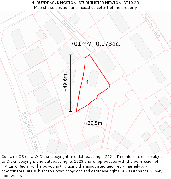 4, BURDENS, KINGSTON, STURMINSTER NEWTON, DT10 2BJ: Plot and title map