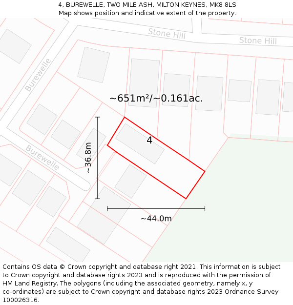 4, BUREWELLE, TWO MILE ASH, MILTON KEYNES, MK8 8LS: Plot and title map