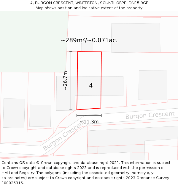 4, BURGON CRESCENT, WINTERTON, SCUNTHORPE, DN15 9GB: Plot and title map