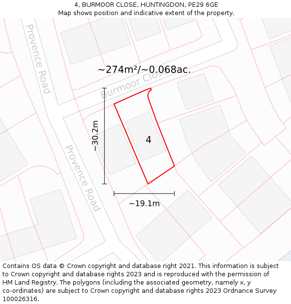 4, BURMOOR CLOSE, HUNTINGDON, PE29 6GE: Plot and title map