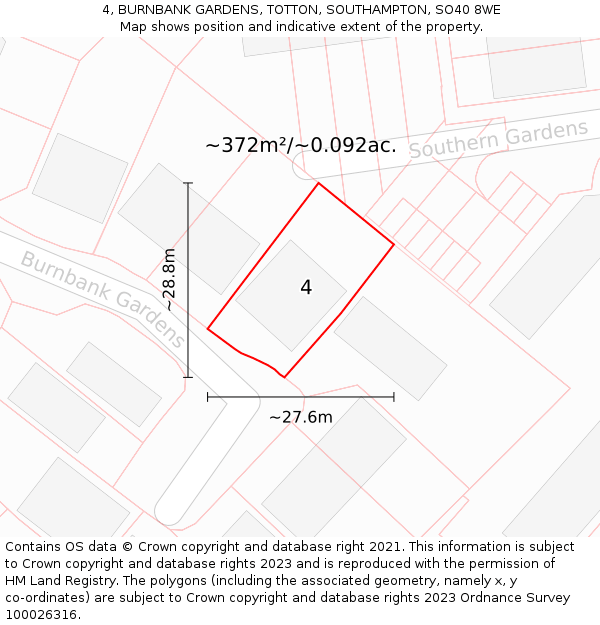 4, BURNBANK GARDENS, TOTTON, SOUTHAMPTON, SO40 8WE: Plot and title map