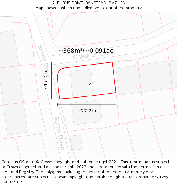 4, BURNS DRIVE, BANSTEAD, SM7 1PN: Plot and title map