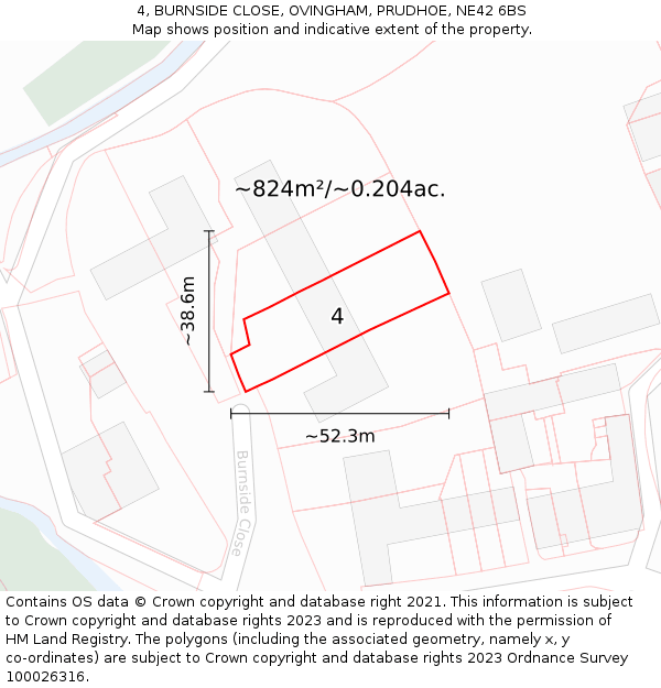 4, BURNSIDE CLOSE, OVINGHAM, PRUDHOE, NE42 6BS: Plot and title map