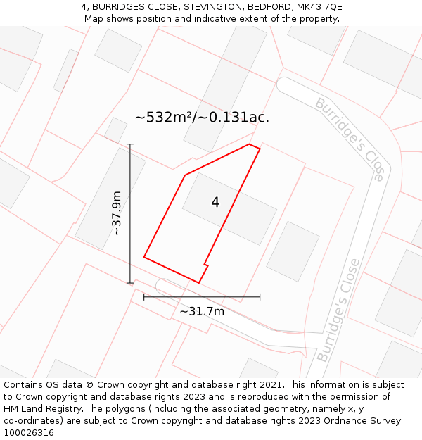 4, BURRIDGES CLOSE, STEVINGTON, BEDFORD, MK43 7QE: Plot and title map