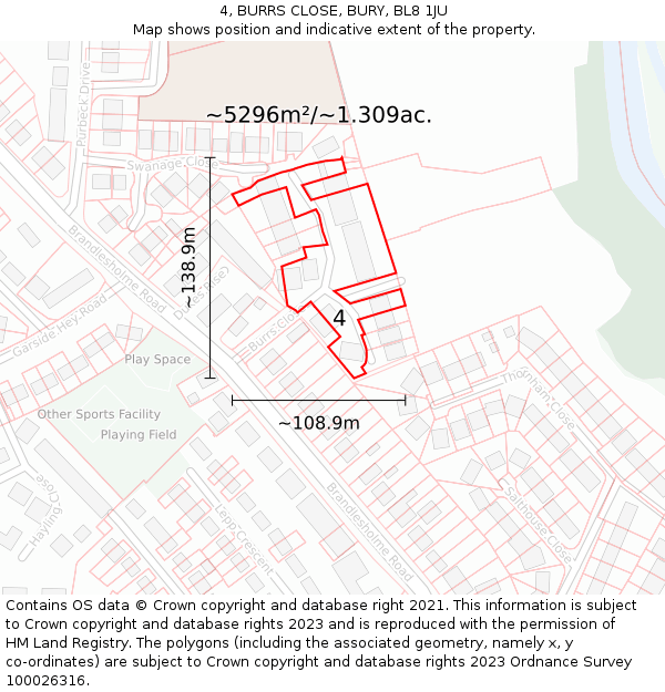 4, BURRS CLOSE, BURY, BL8 1JU: Plot and title map