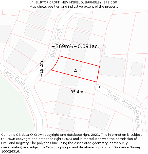 4, BURTOP CROFT, HEMINGFIELD, BARNSLEY, S73 0QR: Plot and title map
