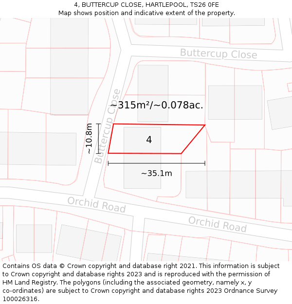 4, BUTTERCUP CLOSE, HARTLEPOOL, TS26 0FE: Plot and title map