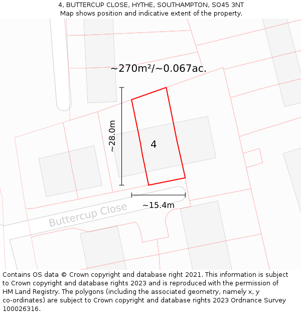 4, BUTTERCUP CLOSE, HYTHE, SOUTHAMPTON, SO45 3NT: Plot and title map