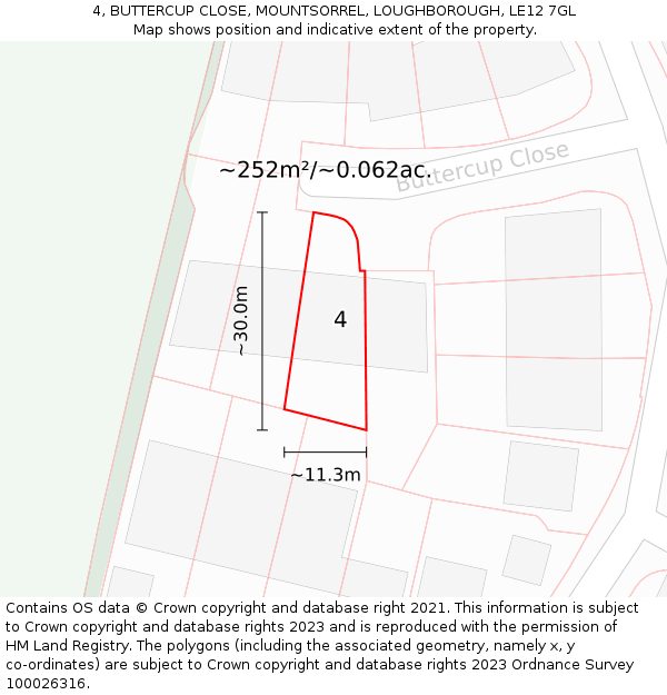 4, BUTTERCUP CLOSE, MOUNTSORREL, LOUGHBOROUGH, LE12 7GL: Plot and title map
