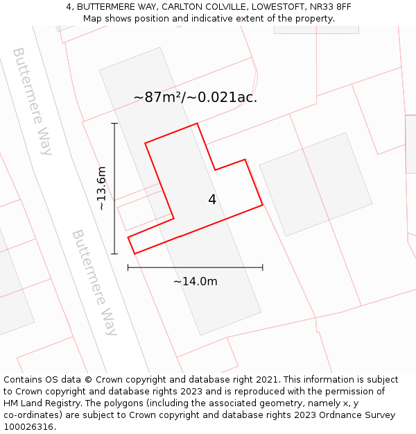 4, BUTTERMERE WAY, CARLTON COLVILLE, LOWESTOFT, NR33 8FF: Plot and title map