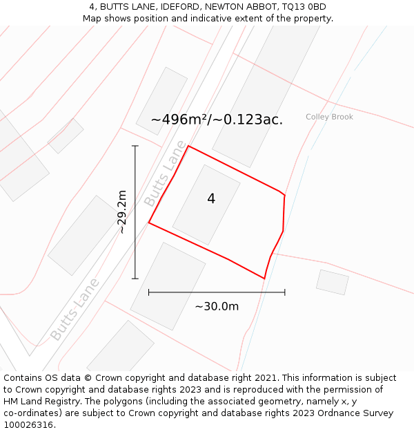 4, BUTTS LANE, IDEFORD, NEWTON ABBOT, TQ13 0BD: Plot and title map