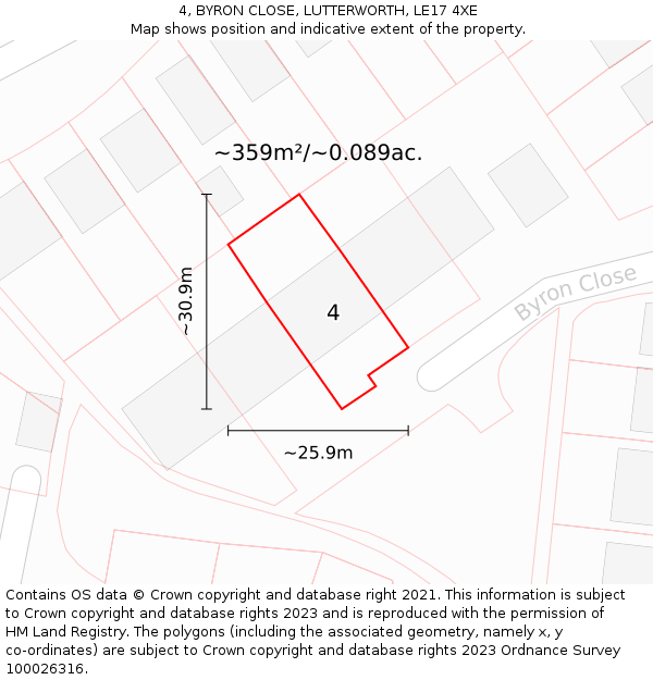 4, BYRON CLOSE, LUTTERWORTH, LE17 4XE: Plot and title map