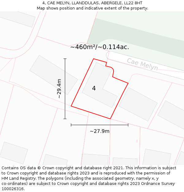 4, CAE MELYN, LLANDDULAS, ABERGELE, LL22 8HT: Plot and title map