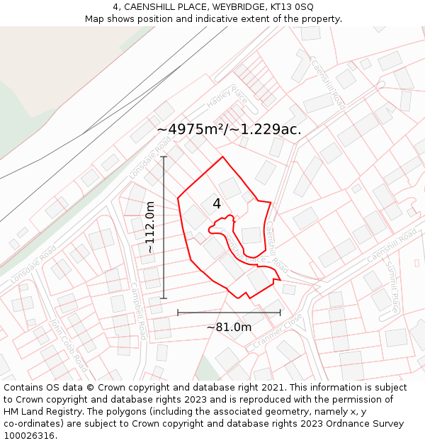 4, CAENSHILL PLACE, WEYBRIDGE, KT13 0SQ: Plot and title map